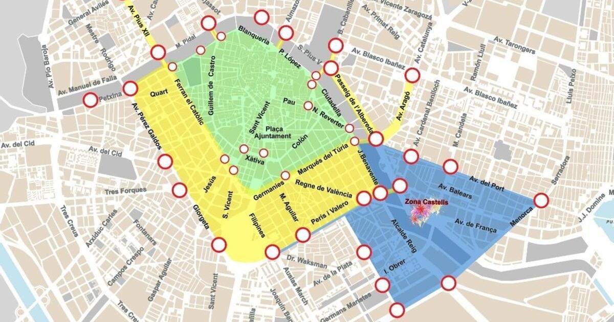 Mapa con los cortes de tráfico que afectarán a Valencia durante las Fallas 2023.