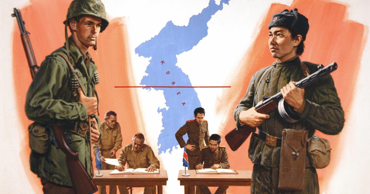 Un cartel muestra a los soldados y a los negociadores del armisticio de EEUU, la ONU y Corea del Norte en 1953, en la ciudad fronteriza de Panmunjom.