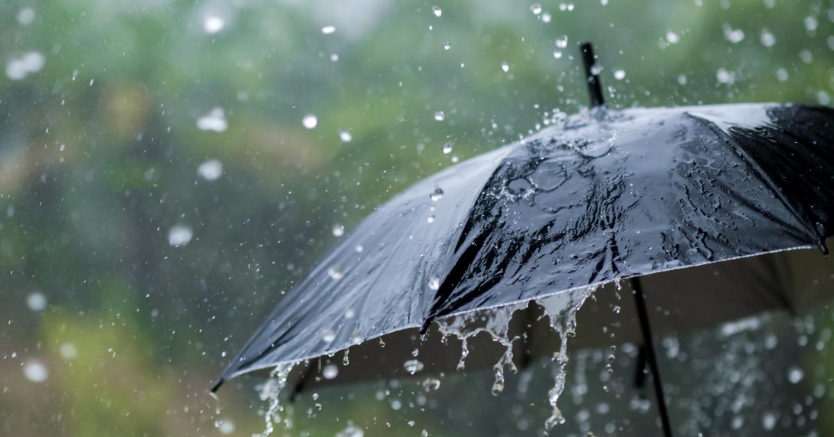 Agua de lluvia cayendo sobre un paraguas negro.