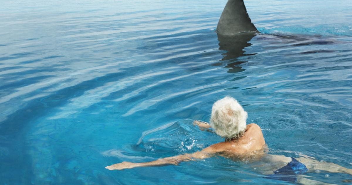 Una mujer nada junto a un tiburón, reconocible por su aleta.