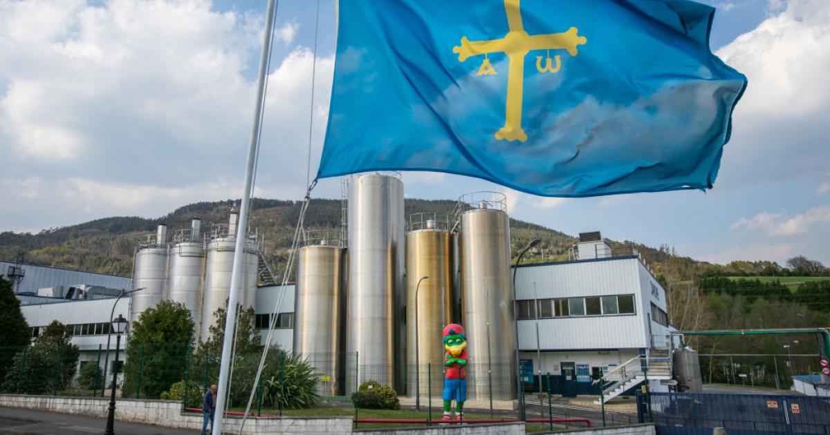 Una bandera asturiana ondea en la factoría de Danone en el concejo de Salas.