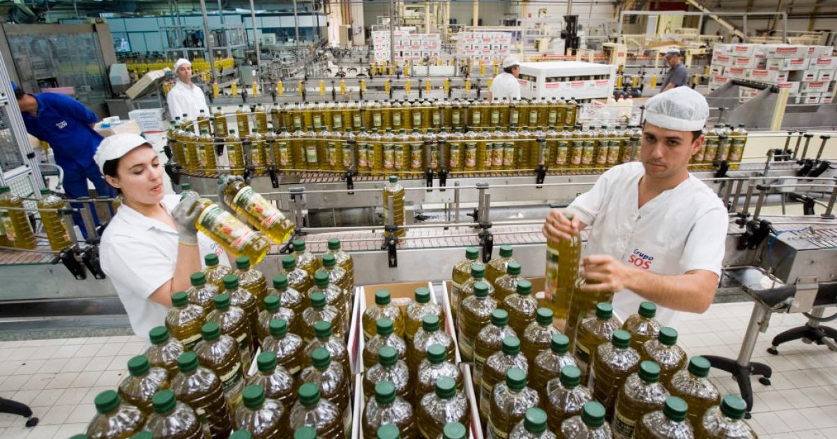 Operarios de una fábrica en la que se produce de aceite de oliva empaquetan el producto.