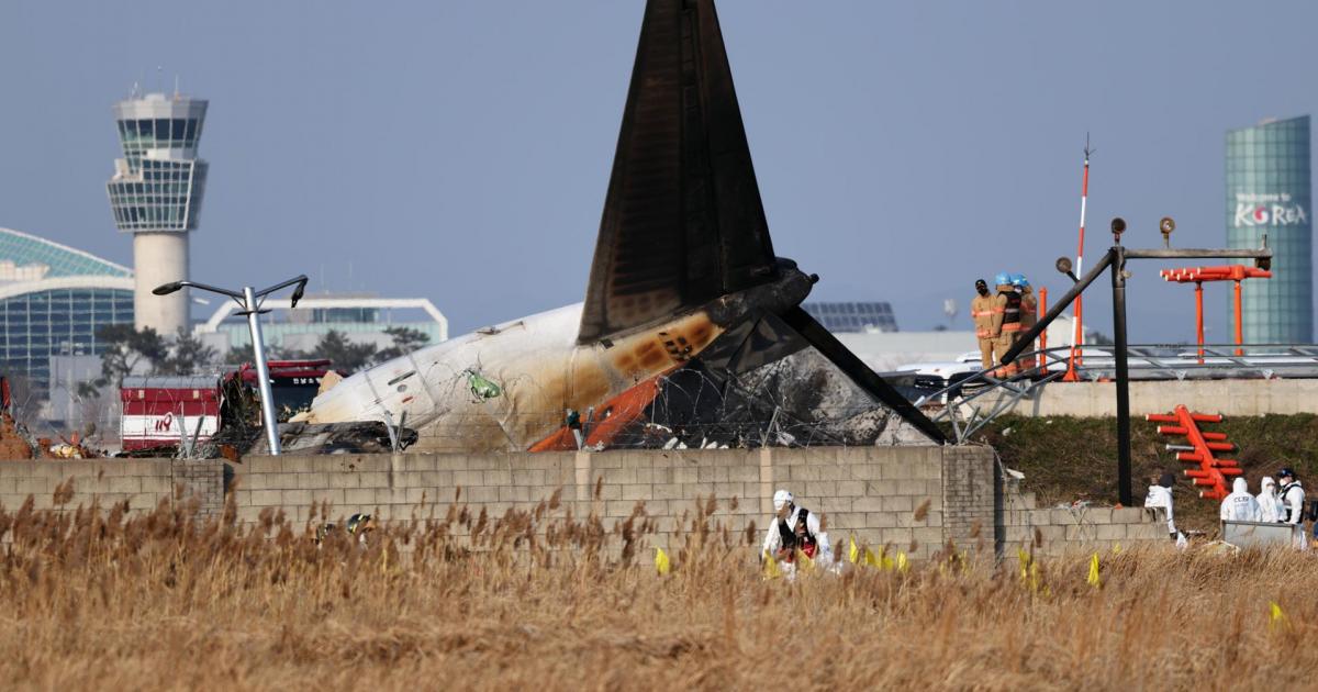 El avión accidentado en el aeropuerto de Muan, Corea del Sur.