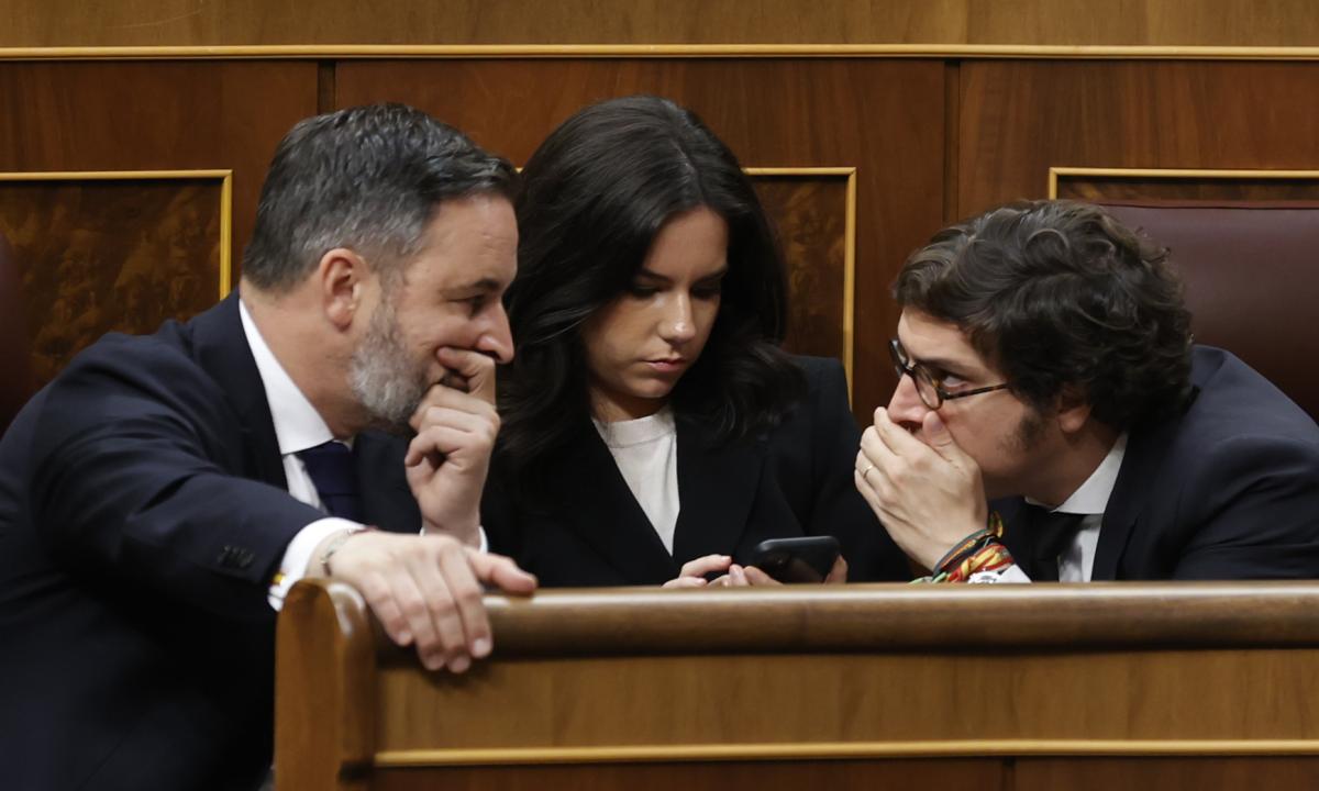 El líder de Vox, Santiago Abascal, conversa con su portavoz parlamentaria, Pepa Millán, y con el diputado José Maria Figaredo.