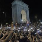 La manifestación de mineros, a su llegada al Arco del Triunfo de Moncloa, en Madrid, durante su marcha nocturna.