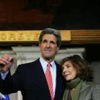 Former Democratic presidential candidate U.S. Senator John Kerry (D-MA) stands on stage with his wife Teresa Heinz Kerry after delivering his concession speech at Faneuil Hall on November 3, 2004 in Boston, Massachusetts. (Photo by Chris Hondros...