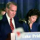 Republican presidential candidate Bob Dole lowers his head while making his concession speech to supporters at a Washington hotel, on Tuesday, Nov. 5, 1996. (AP Photo/J. Scott Applewhite)