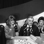 Defeated presidential hopeful Walter Mondale addresses supporters at night, Tuesday, Nov. 7, 1984 at the St. Paul Civic center, conceding to President Reagan. (AP Photo/Jim Mone)