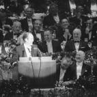 Vice President Hubert H. Humphrey spaks at the Alfred E. Smith memorial dinner in Waldorf Astoria on Oct. 16, 1968 in New York. (AP Photo/John Lent)