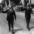 Democratic candidates for the presidency and vice-presidency of the United States, Governor James M Cox and Franklin Delano Roosevelt (1882 - 1945) are seen at the head of a nomination parade in Dayton, Ohio on Nov. 1, 1920. (Photo by Topical Pr...