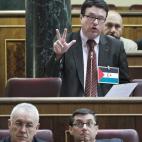 El diputado Joan Josep Nuet interviene en el Pleno del Congreso con una bandera saharaui colgada en la solapa. 