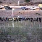 Alrededor de un centenar de inmigrantes encaramados a la valla fronteriza con Marruecos (13 de agosto).