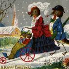 Una tarjeta que refleja su época: polisones, sombreros, bombines y mucha nieve (de la que ya no queda). Sobre 1870.
