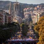 Catalan pro-independence protesters gather during a demonstration in Barcelona, Spain, Saturday, Oct. 26, 2019. Protests turned violent last week after Spain's Supreme Court convicted 12 separatist leaders of illegally promoting the wealthy Cata...