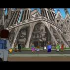 Homer Simpson contempla el templo de la ciudad de Barcelona junto a su amigo por correspondencia Eduardo Barcelona en el cap&iacute;tulo YOLO (Solo se vive una vez). Temporada: 25. Episodio: 534. A&ntilde;o: 2013.