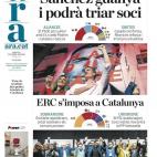 El diario catal&aacute;n&nbsp;﻿Ara&nbsp;﻿habla de que los socialistas se imponen y miran hacia la izquierda y que ERC gana en Catalu&ntilde;a. En im&aacute;genes, S&aacute;nchez en Ferraz y los l&iacute;deres de ERC.&nbsp;