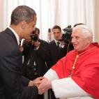 VATICAN CITY, VATICAN - JULY 10: US President Barack Obama (L) meets with Pope Benedict XVI in his library at the Vatican on July 10, 2009 in Vatican City, Vatican. Obama was meeting with The Pope for the first time as President following the G...