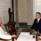 VATICAN CITY - JUNE 23: Pope Benedict XVI meets outgoing Prime Minister Tony Blair in a private audience at his library, on June 23, 2007 in Vatican City. (Photo by L'Osservatore Romano Vatican Pool/Getty Images)
