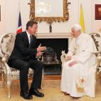 Pope Benedict XVI (R) meets with British Prime Minister David Cameron at Archbishop's House, in central London, on September 18, 2010. Pope Benedict XVI is 'very calm' and 'no one felt threatened' despite the arrest of six men linked to an alleg...