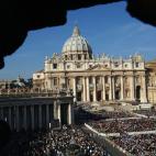 VATICAN CITY- OCTOBER 23: Pilgrims gather for a canonization ceremony in St. Peter's Square October 23, 2005 in Vatican City. Pope Benedict XVI named five Catholics on the road to sainthood during the mass, which also ended the General Assembly...
