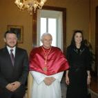 CASTEL GANDOLFO, ITALY - SEPTEMBER 12: Pope Benedict XVI (C) meets with King Abdullah II of Jordan and his wife, Queen Rania, at his summer residence September 12, 2005 in Castel Gandolfo, Italy. King Abdullah II is on an official visit to the ...
