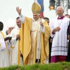 KERPEN, Germany: Pope Benedict XVI celebrates Sunday's mass at the Marienfeld in Kerpen, 21 August 2005, as part of the World Youth jamboree. The mass at Marienfeld park, expected to be attended by 800,000 Roman Catholics, is the culmination of...
