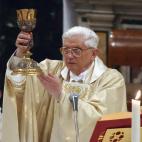 VATICAN CITY - APRIL 20: Newly elected Pope Benedict XVI, Cardinal Joseph Ratzinger of Germany, leads his first mass with all the cardinals in the Sistine Chapel on April 20, 2005 in the Vatican. Pope Benedict announced his first job would be t...