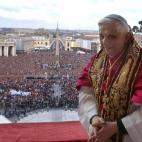 VATICAN CITY, Vatican: Pope Benedict XVI, Cardinal Joseph Ratzinger of Germany, appears on the balcony of St Peter's Basilica in the Vatican after being elected by the conclave of cardinals, 19 April 2005. AFP PHOTO POOL Osservatore Romano Artu...