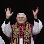 Germany's Joseph Ratzinger, the new Pope Benedict XVI, appears at the window of St Peter's Basilica's main balcony after being elected the 265th pope of the Roman Catholic Church 19 April 2005 at the Vatican City. AFP PHOTO THOMAS COEX (Photo cr...