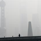 People walk on a bridge in front of the financial district of Pudong, which is covered in smog, during a polluted day in Shanghai, China November 28, 2018. REUTERS/Aly Song TPX IMAGES OF THE DAY