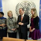 UN Secretary-General Ban Ki- moon (2nd R) meets with UN Women Executive Director Phumzile Mlambo-Ngcuka (L), former US Secretary of State Hillary Clinton (2nd L) and her daughter Chelsea Clinton at United Nations headquarters in New York on Feb...