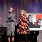 NEW YORK, NY - DECEMBER 03: (L-R) Journalist Diane Sawyer, President, EGPAF Board of Trustees Willow Bay and Global Impact Award Recipient Hillary Rodham Clinton speak on stage during Elizabeth Glaser Pediatric AIDS Foundation's Global Impact ...