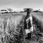 Una niña bijagó junto a un campo de arroz vestida con el chal tradicional.