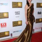 La actriz Emmy Rossum pasea su vestido dorado por la alfombra de roja.