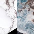 Aqu&iacute; se puede observar el deshielo de la capa helada que cubr&iacute;a este glaciar situado en la Isla Revoluci&oacute;n de Octubre, situado en el archipi&eacute;lago de la Tierra del Norte, en el &Aacute;rtico de Rusia. Entre una foto y ...