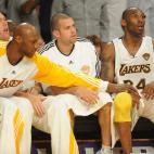 LA Lakers guard Kobe Bryant (R) returns to the bench after a foul before the Boston Celtics went on to win 103-94 in game two of the NBA finals at the Staples Center in Los Angeles on June 6, 2010.  The defending champion Los Angeles Lakers are ...