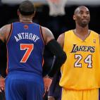 LOS ANGELES, CA - DECEMBER 29:  Carmelo Anthony #7 of the New York Knicks and Kobe Bryant #24 of the Los Angeles Lakers talk during the first half at Staples Center on December 29, 2011 in Los Angeles, California. NOTE TO USER: User expressly ac...