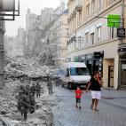 Los turistas y potenciales compradores pasean hoy por la reconstruida calle de Saint-Pierre, en Caen, que fue destruida tras el Desembarco. Por allí caminaron un día las tropas canadienses.