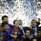 Barcelona's coach Josep Guardiola (C) celebrates his team's victory over Athletic Bilbao during their Spanish King's Cup final football match at the Vicente Calderon stadium, in Madrid, on May 25, 2012. Barcelona defeated Athletic Bilbao 3-0. ...