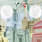 Two pages (featuring Sir Giles Gilbert Scott - Landmarks and Architecture) from the new British passport design that have been unveiled at Shakespeare's Globe Theatre in London.