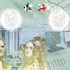 Two pages (featuring Charles Babbage and Ada Lovelace - Iconic Innovations) from the new British passport design that have been unveiled at Shakespeare's Globe Theatre in London.