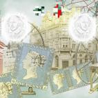 Two pages (featuring the Penny Black - Iconic Innovations) from the new British passport design that have been unveiled at Shakespeare's Globe Theatre in London.