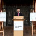 Minister for Immigration James Brokenshire launches the new British passport design at Shakespeare's Globe theatre in London.