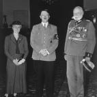 An undated picture shows nazi Chancellor Adolf Hitler posing with Paul von Hindenburg (R, 1925-1934), President of the Republic of Weimar. Woman at left is unidentified. AFP PHOTO // FRANCE PRESSE VOIR (Photo credit should read -/AFP/Getty Images)