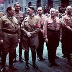 Top Nazi Party members march in remembrance of 1923 Beer Hall Putsch, Munich, Germany, November 9, 1938. Front row, from left, Friedrich Weber, Hermann Goering (1893 - 1946), Adolf Hitler (1889 - 1945), Ulrich Graf, and unidentified; back row, A...
