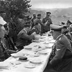 A picture dated 1939 shows German nazi Chancellor and dictator Adolf Hitler (4th L, no uniform) having lunch with high rank officers of his general staff during a military campaign at the beginning of World War II. Nazi Field Marshal Wilhelm Kei...