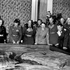 A picture dated 1939 shows German Nazi Chancellor Adolf Hitler and high rank nazi officers lincluding Hermann Goering (4th R) looking at the three-dimensional map of some countryside. AFP PHOTO / FRANCE PRESSE VOIR / Ordnance Survey map (Photo ...