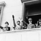 FILE - The May 22, 1939 file photo shows, from left, German Foreign Minister Joachim von Ribbentrop; Chief of the German navy, Grand Admiral Dr. H.C. Erich Raeder; Italian Foreign Minister Count Galeazzo Ciano; Chief of the German army, Colonel ...