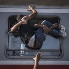 Un refugiado trata de montarse a la desesperada en un tren con destino a Zagreb, Croacia.