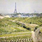 Des potagers Quai Louis Blériot Paris 16e, en bas à droite de la Tour Eiffel, on voit le dos de la Statue de la Liberté modèle réduit qui se trouve à l'extrémité ouest de L'allée des Cygnes, avec le pont de Grenelle qui traverse la Seine.